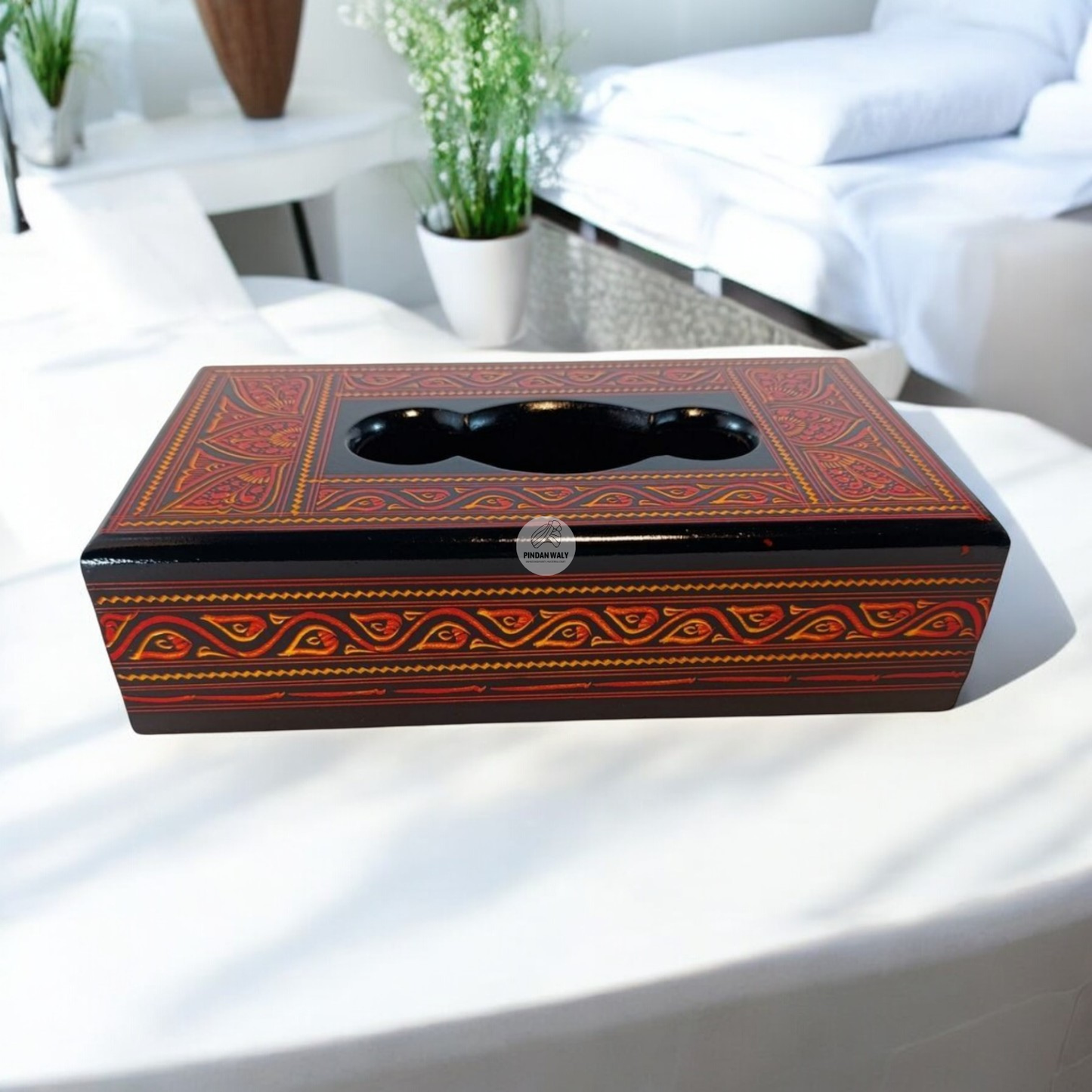 Wooden Tissue Box with Lacquer Art