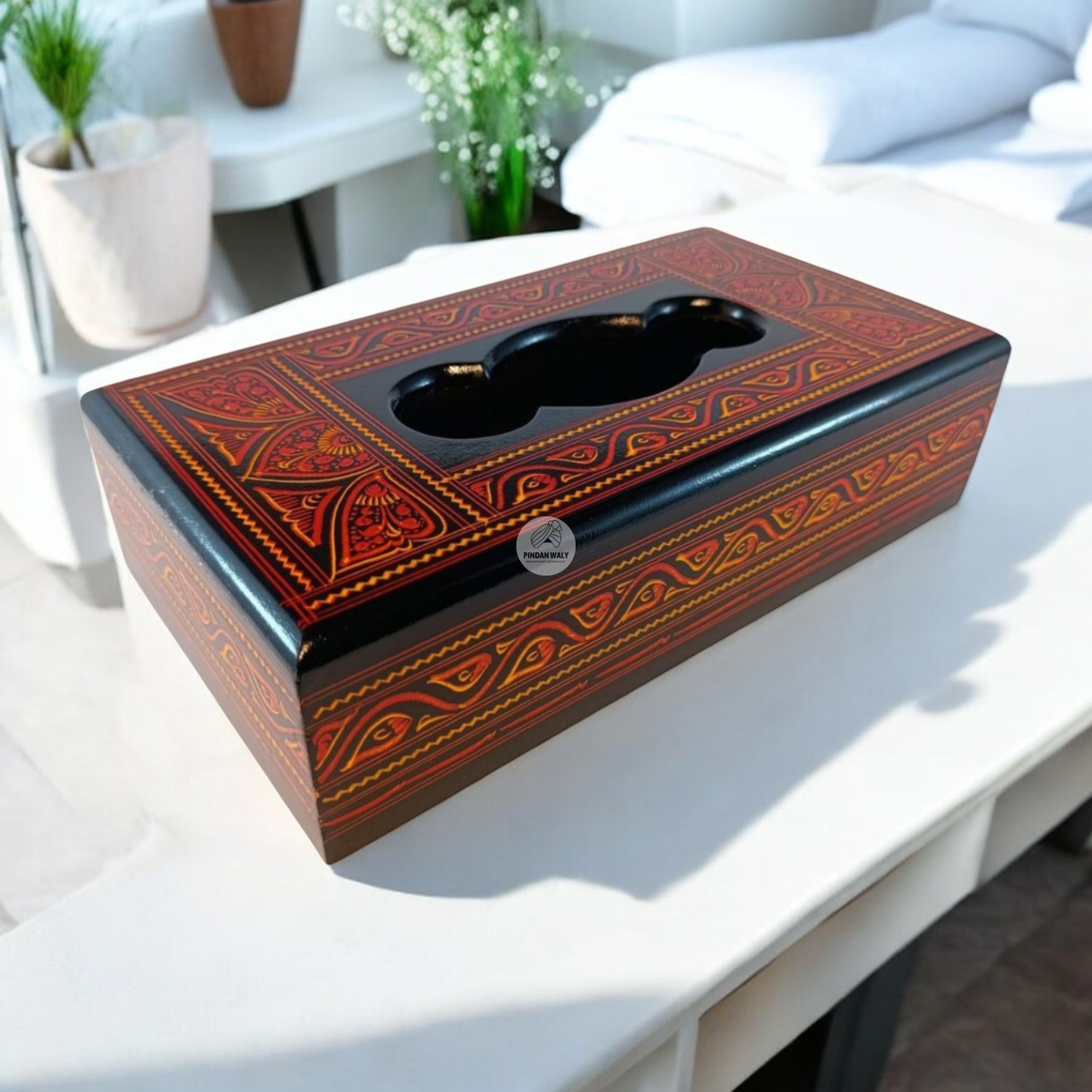 Wooden Tissue Box with Lacquer Art