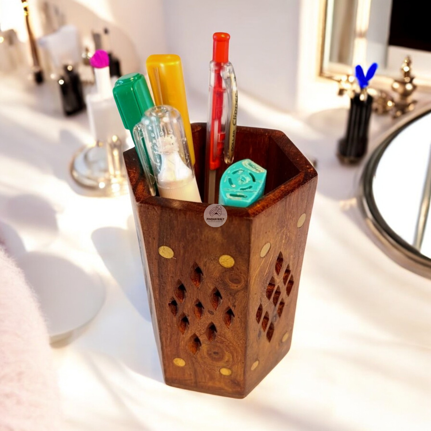 Wood Valley Brush Holder with Brass Inlay