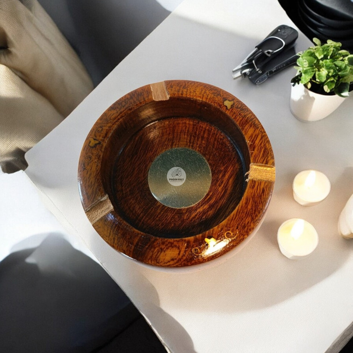 Handmade Wooden Ashtray with Brass Inlay