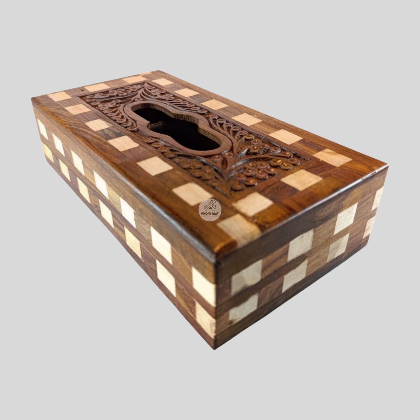 Wooden Tissue Box - White Tukri Carving