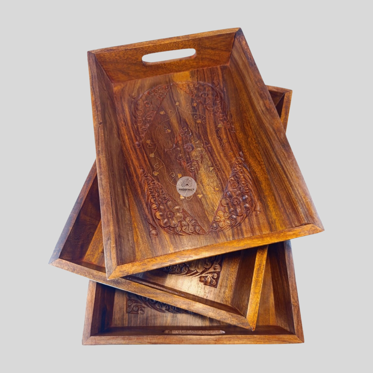 Wooden Tray Set with Carving & Brass Inlay