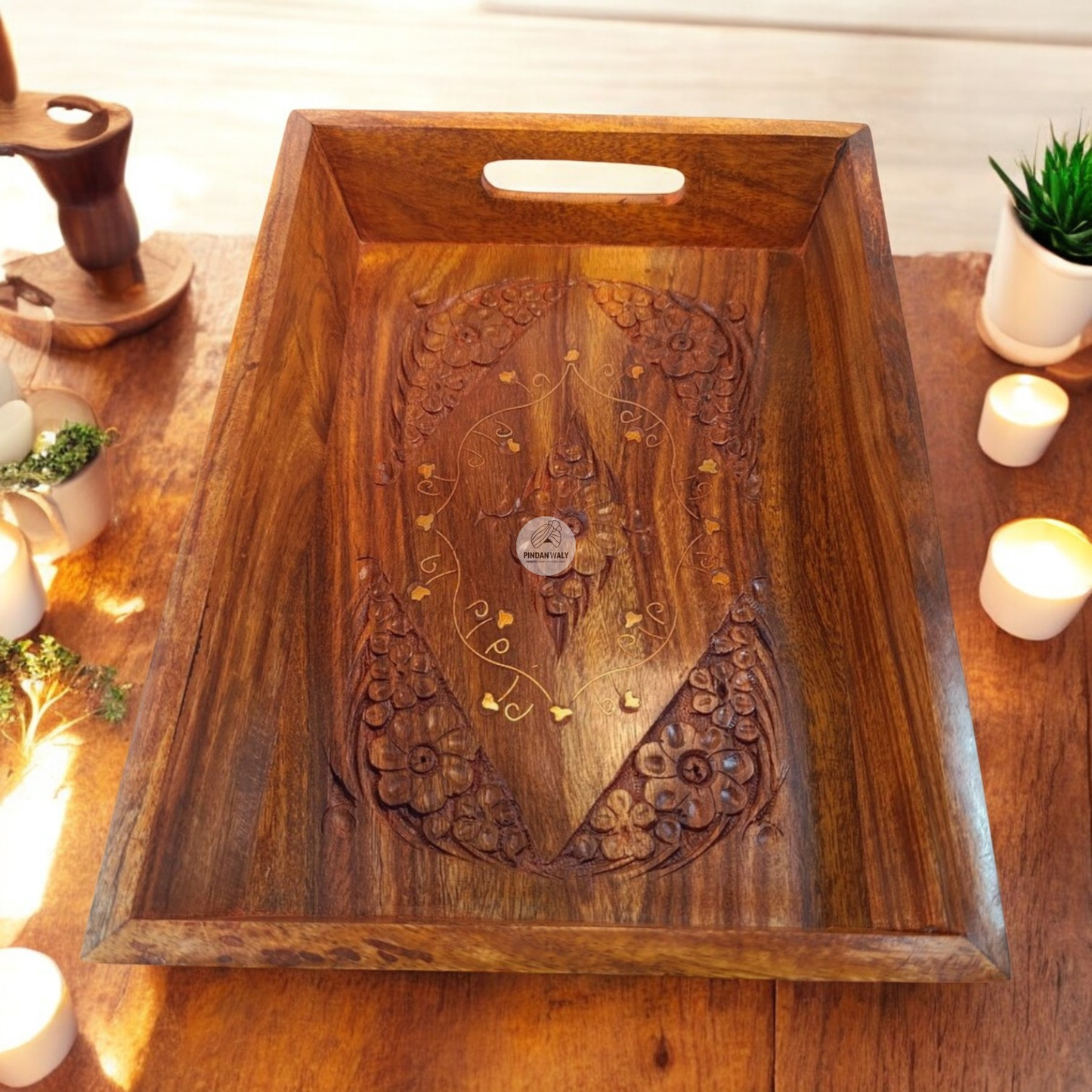 Wooden Tray Set with Carving & Brass Inlay