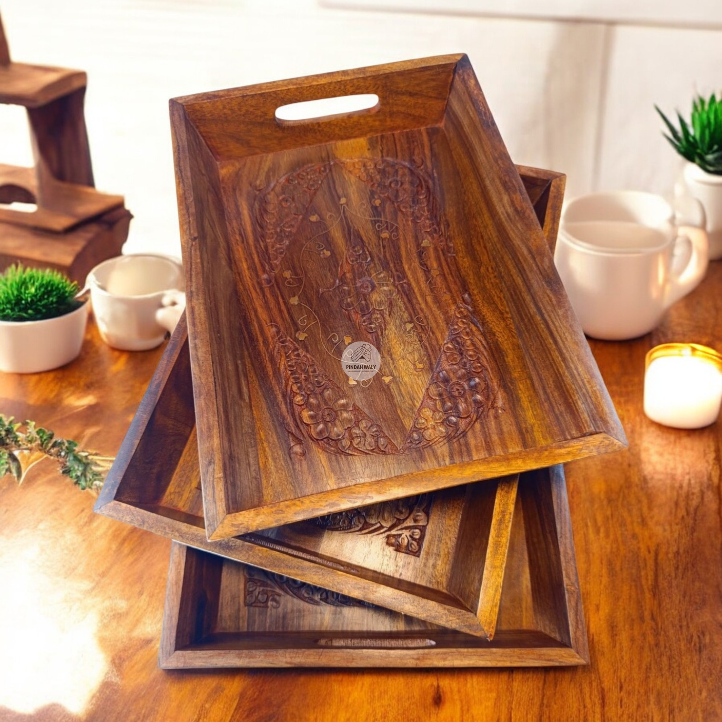 Wooden Tray Set with Carving & Brass Inlay